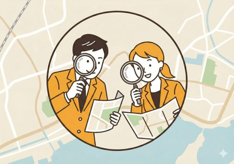 虫眼鏡を除くスーツの男女