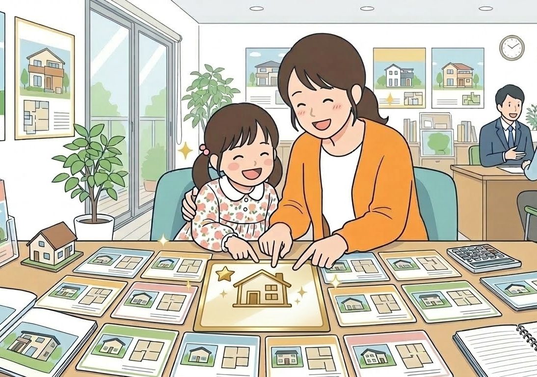 物件を選ぶ親子のイラスト